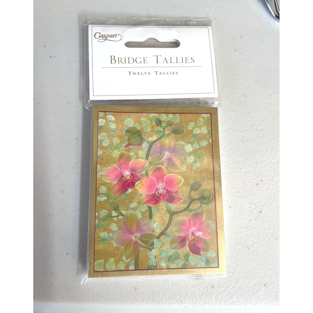 New Caspari Bridge Tallies OS Game Scorecards Gold Pink Floral Orchid BT58